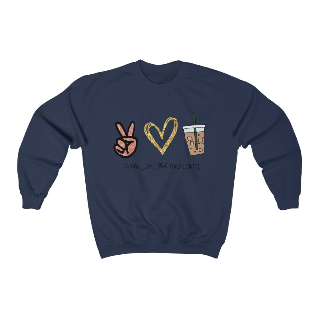 Peace, Love, and Iced Coffee... the only things that matter! This crewneck sweatshirt is perfect for those brisk morning walks to get coffee, or just for cozying up at home with your favorite iced coffee in hand. This sweatshirt makes the perfect gift for that iced coffee drinker in your life!