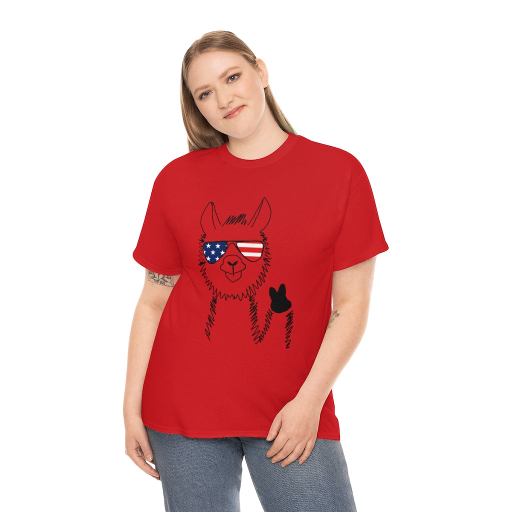 Llama with American Flag Sunglasses Cotton T-shirt