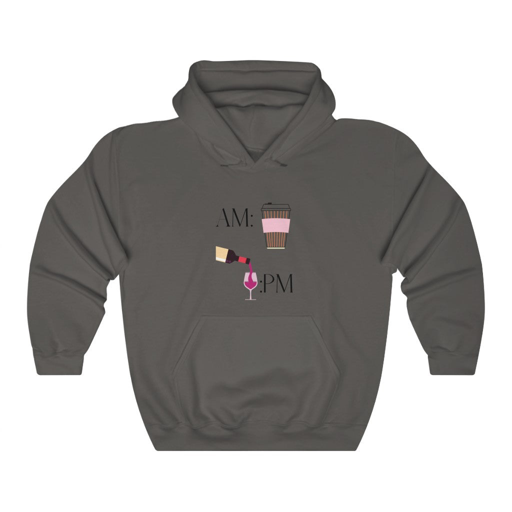 This cute hoodie shows off your schedule... coffee in the morning and wine at night, there is no other way. With bright pinks and reds, this sweatshirt stands out and is a perfect cozy piece to add to your collection. Designed with a luxurious cotton, you will never want to take it off.