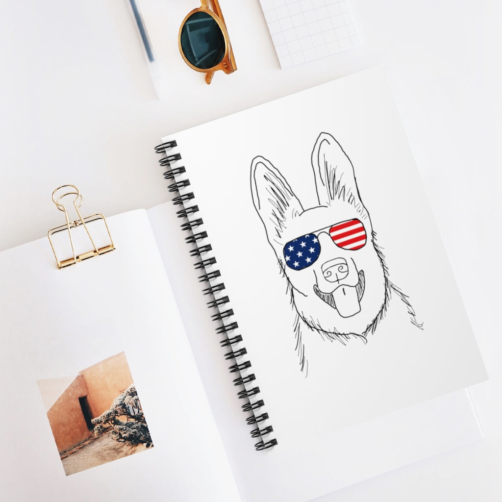 German Shepherd with American Flag Sunglasses Spiral Notebook - Ruled Line