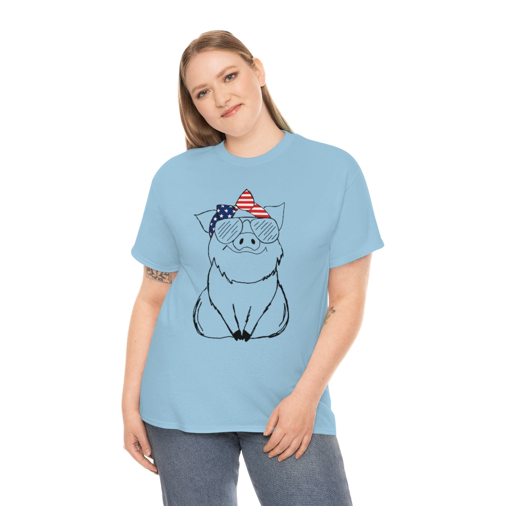 Pig with American Flag Headband Cotton T-shirt