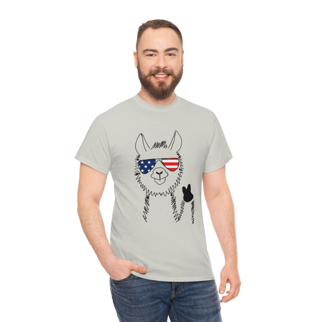 Llama with American Flag Sunglasses Cotton T-shirt