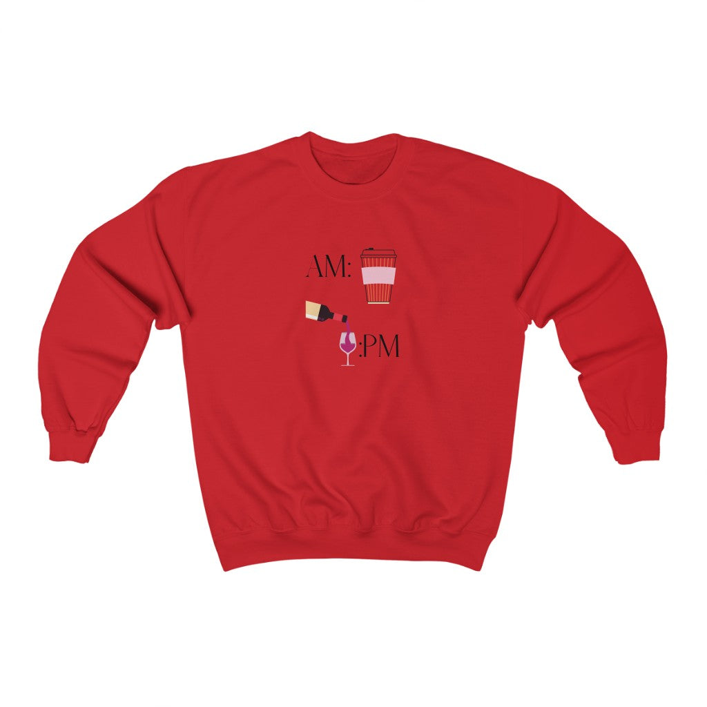 This cute crewneck sweatshirt shows off your schedule... coffee in the morning and wine at night, there is no other way. With bright pinks and reds, this sweatshirt stands out and is a perfect cozy piece to add to your collection. Designed with a luxurious cotton, you will never want to take it off.
