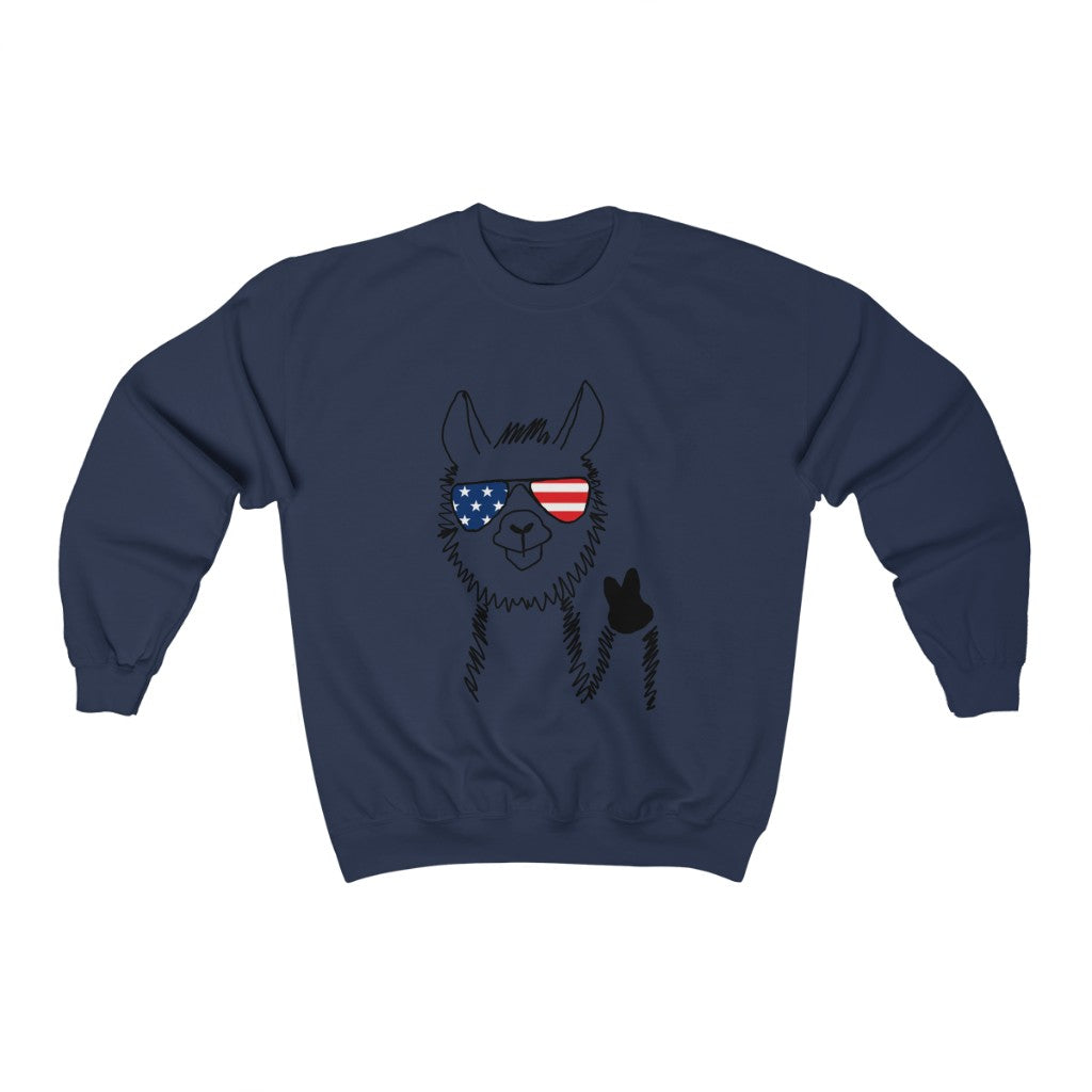 Llama with American Flag Sunglasses Crewneck Sweatshirt
