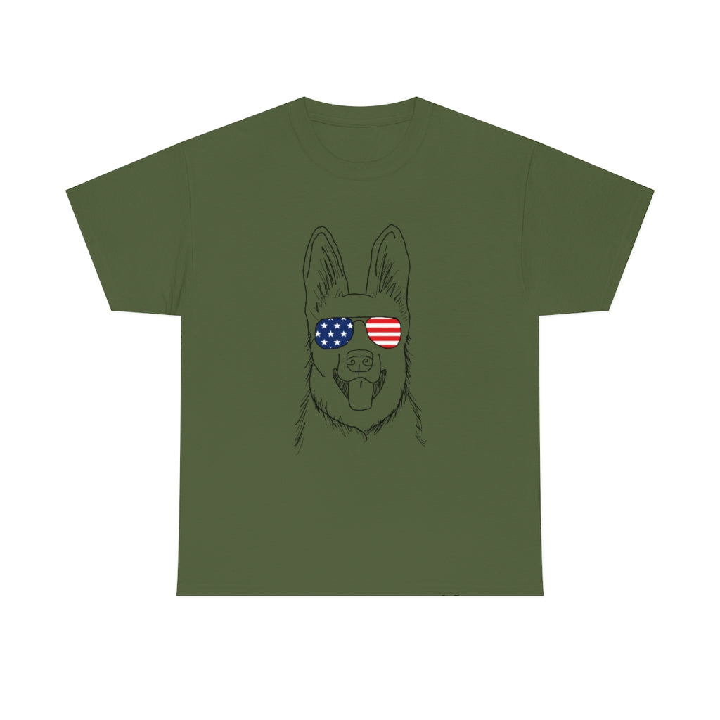 German Shepherd with American Flag Sunglasses Cotton T-shirt