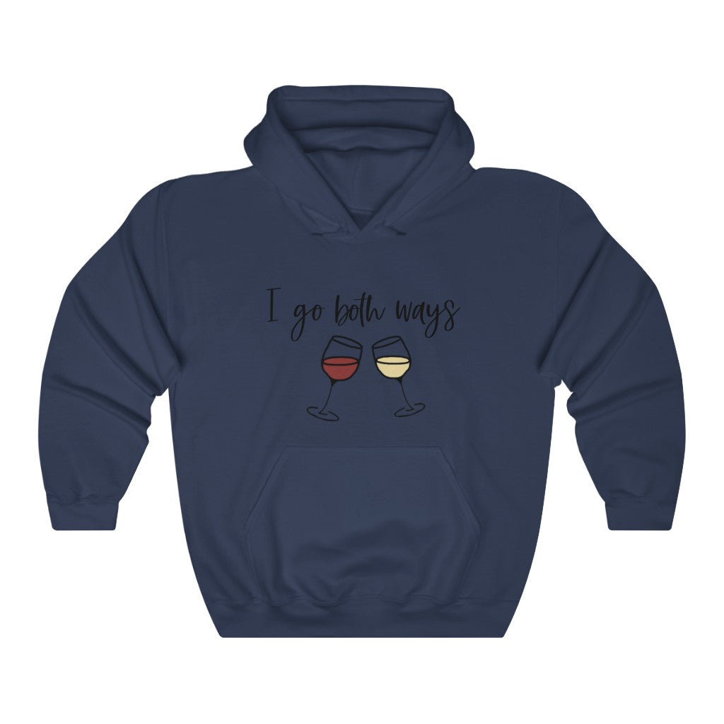 I go both ways! This funny hoodie sweatshirt is perfect for all you wine lovers out there. If you don't discriminate when it comes to white wine or red wine, this hoodie is for you. Great for those chilly days out at the vineyards, or just cozying up at home with your favorite glass of wine.