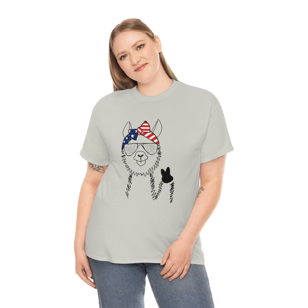 Llama with American Flag Headband Cotton T-shirt