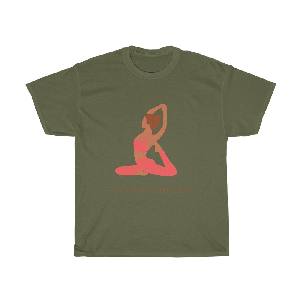 Take a deep breath in and out. This yoga inspired cotton t-shirt is designed with the phrase “Let That Shit Go”. Manifest all good things coming to you in the future with this stylish piece. Wear it with your favorite pair of leggings and feel all the good vibes. Made with a plush cotton, it is like wearing a blanket.