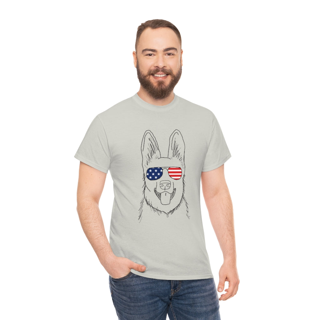 German Shepherd with American Flag Sunglasses Cotton T-shirt
