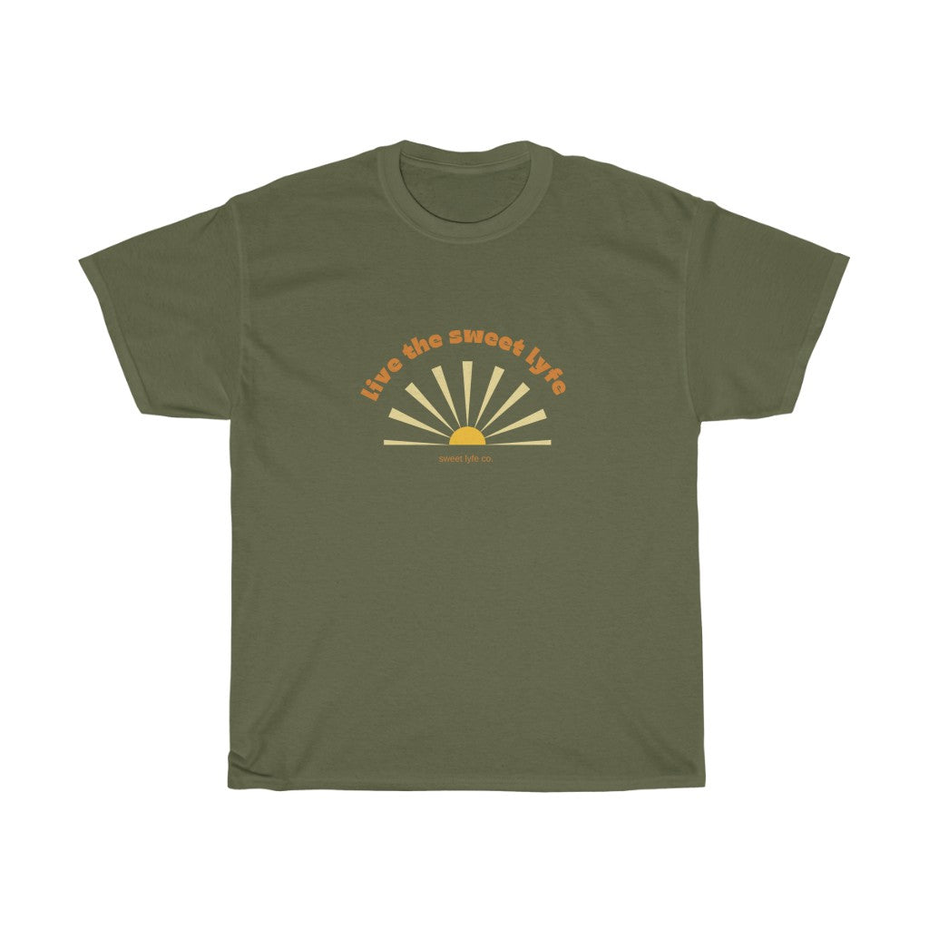 Sunshine is good for the mind, body, adn soul. Live the sunny sweet lyfe with this retro graphic cotton t-shirt. With both comfort and style in mind, this t-shirt is made with a plush cotton that is great for sunny days. Step up your style and add this to your wardrobe today.