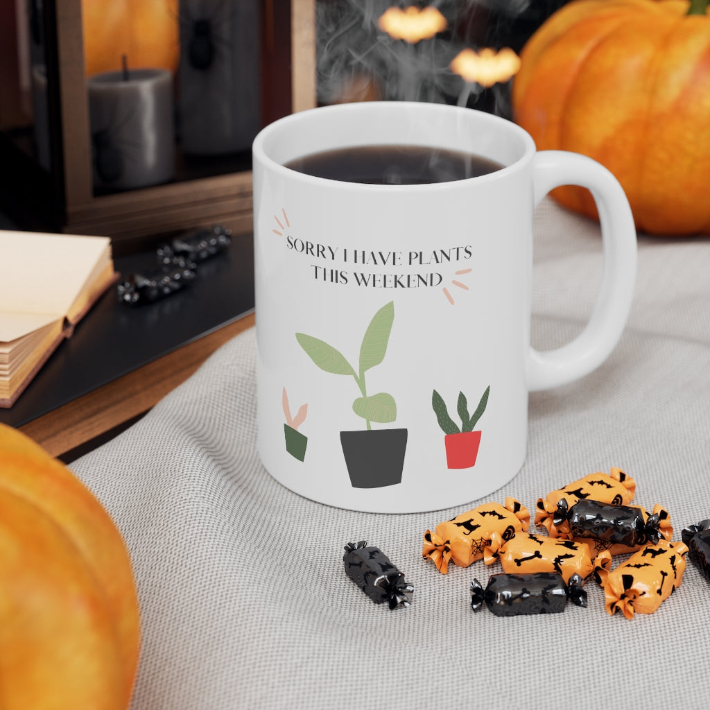 When all you want is a night in with your plants. This punny ceramic mug is bright and fun and says, “Sorry I Have Plants This Weekend”. Great for introverts and all who just like alone time and self care. Add this stylish funny mug to your collection today. This mug is 11 oz, lead and BPA free, and microwave and dishwasher safe!