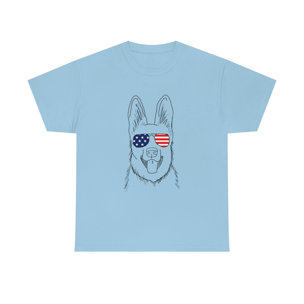 German Shepherd with American Flag Sunglasses Cotton T-shirt
