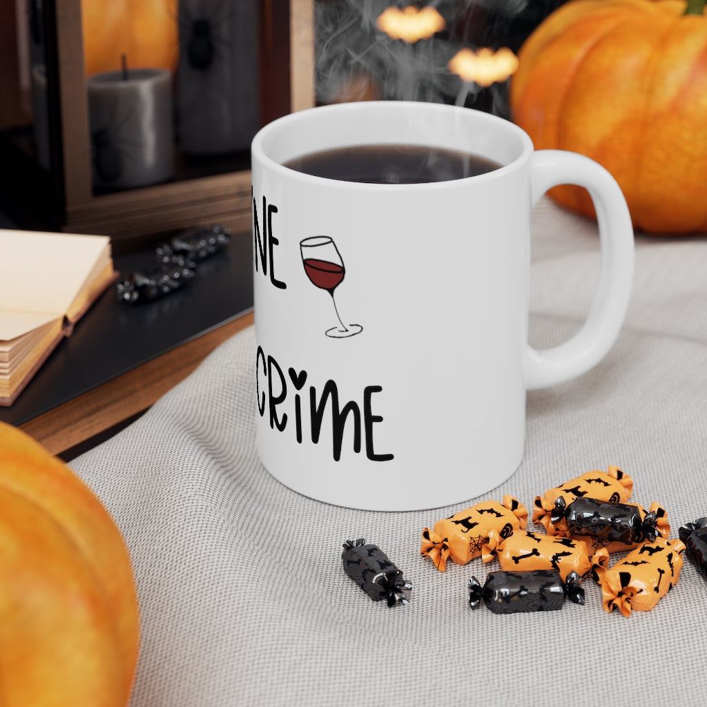 Good Wine and True Crime! This cozy ceramic mug is perfect for a night of cuddling, sipping wine, and watching that true crime documentary. This mug is the perfect gift for the true crime junkie in your life! This mug is 11 oz, lead and BPA free, and microwave and dishwasher safe!