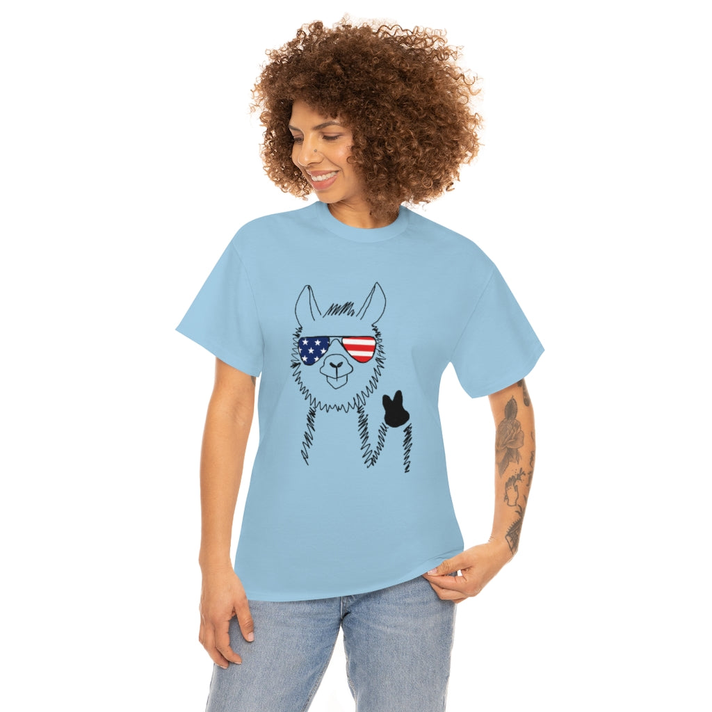 Llama with American Flag Sunglasses Cotton T-shirt