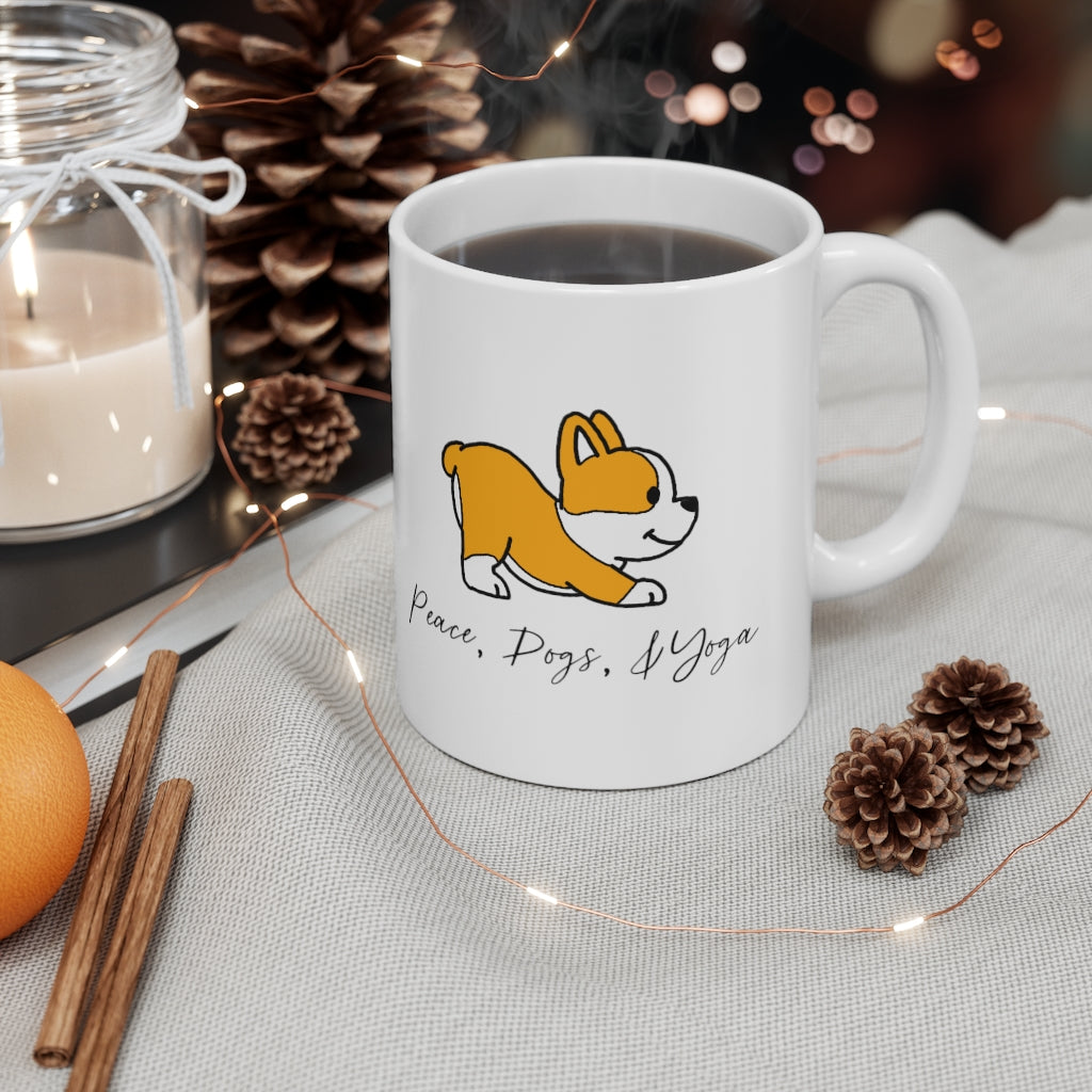 Peace, Dogs, and Yoga... the only things that matter! This mug is perfect for planning those yoga classes, or for that daily stretch at home with your pup! Great gift for the dog and yoga lovers in your life. Namaste! This mug is 11 oz, lead and BPA free, and microwave and dishwasher safe!