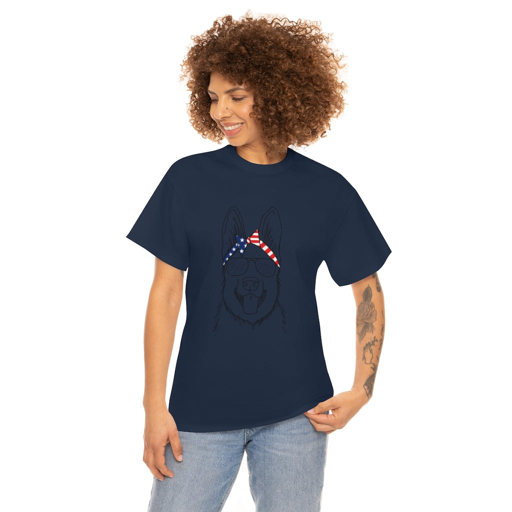 German Shepherd with American Flag Headband Cotton T-shirt