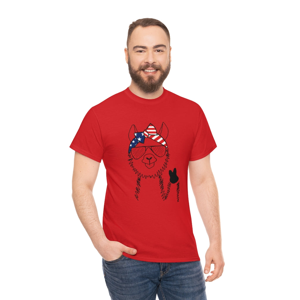 Llama with American Flag Headband Cotton T-shirt