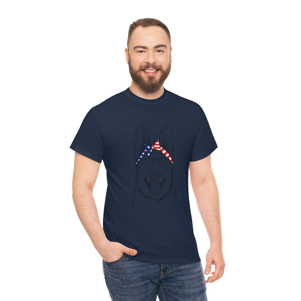 German Shepherd with American Flag Headband Cotton T-shirt
