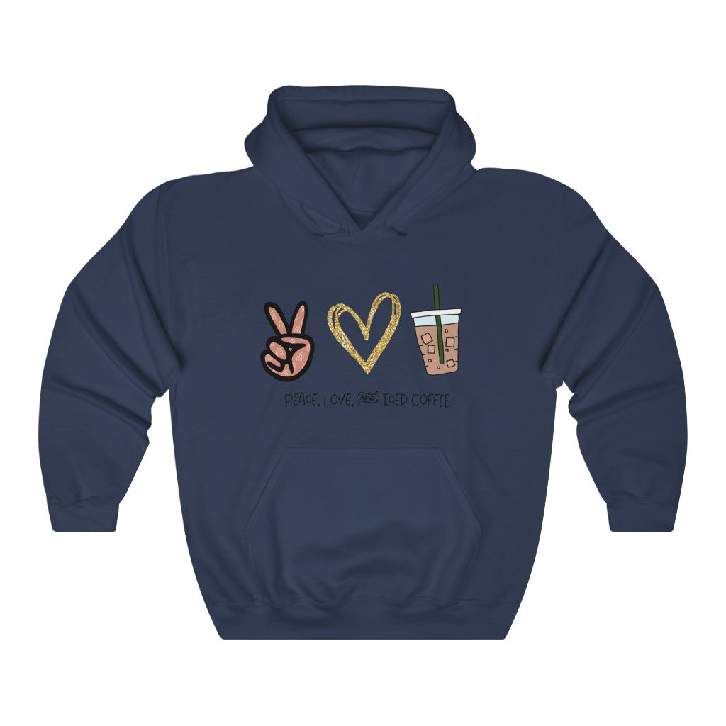 Peace, Love, and Iced Coffee... the only things that matter! This hoodie sweatshirt is perfect for those brisk morning walks to get coffee, or just for cozying up at home with your favorite iced coffee in hand. This hoodie makes the perfect gift for that iced coffee drinker in your life!
