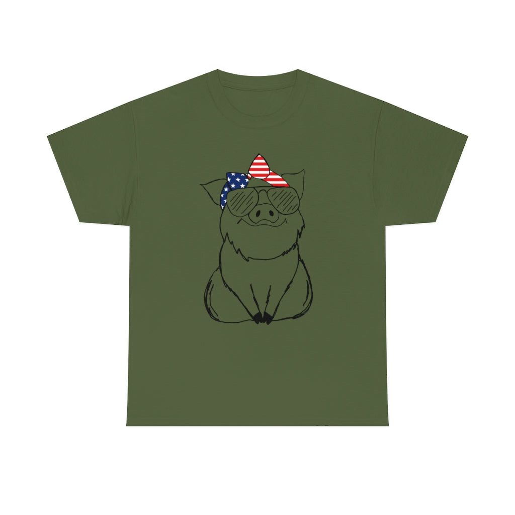 Pig with American Flag Headband Cotton T-shirt