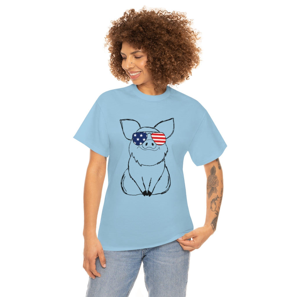 Pig with American Flag Sunglasses Cotton T-shirt