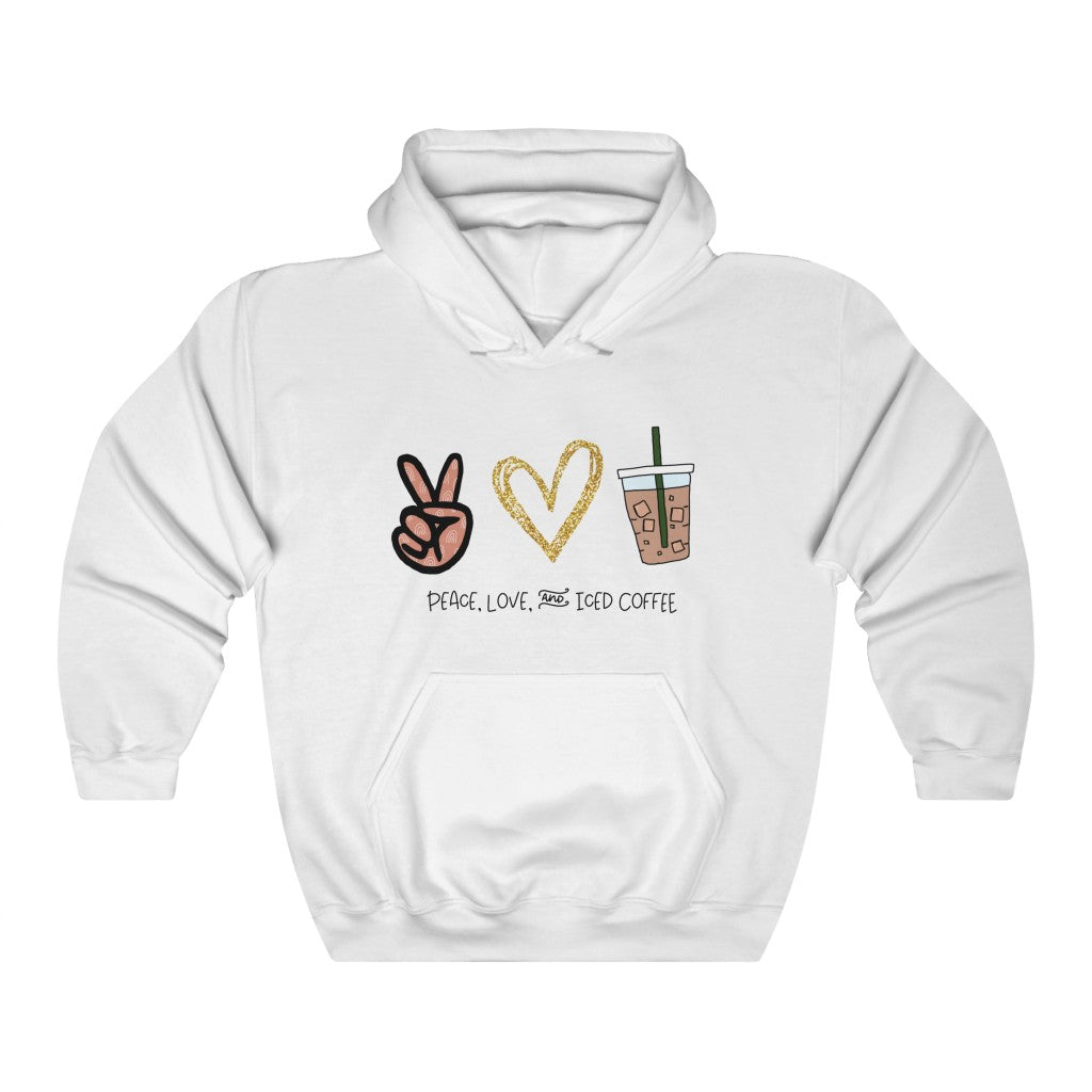 Peace, Love, and Iced Coffee... the only things that matter! This hoodie sweatshirt is perfect for those brisk morning walks to get coffee, or just for cozying up at home with your favorite iced coffee in hand. This hoodie makes the perfect gift for that iced coffee drinker in your life!