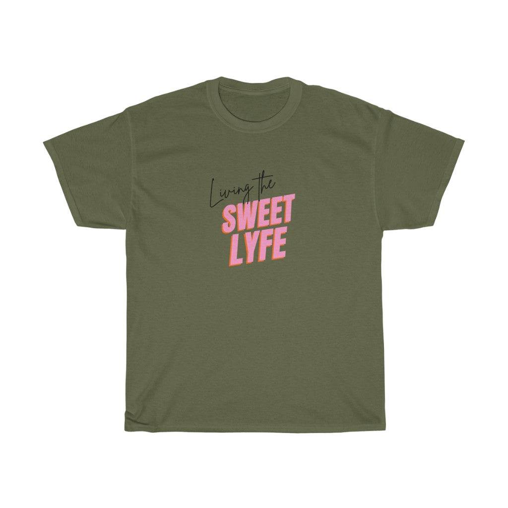 Living the sweet lyfe in a sunny state of mind. This cotton t-shirt gives off girly vibes. With light pink lettering, you can make your outfit pop and show off your trendy side at the same time. Put on this t-shirt and let the compliments roll in and keep the good times going.