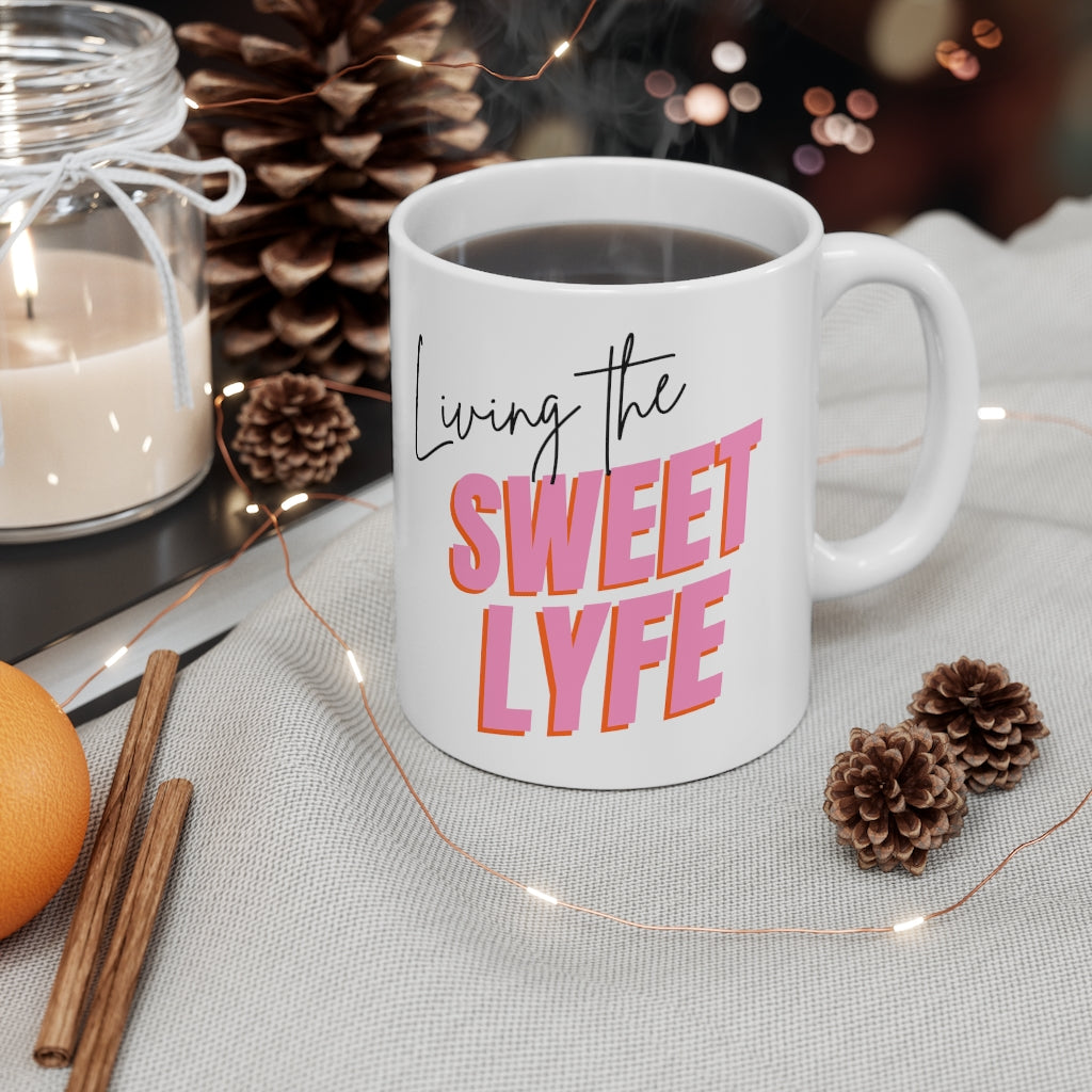 Living the sweet lyfe in a sunny state of mind. This ceramic mug gives off girly vibes. With light pink lettering, you can make your morning pop and show off your trendy side. Grab this mug and let the compliments roll in and keep the good times going. This mug is 11 oz, lead and BPA free, and microwave and dishwasher safe!