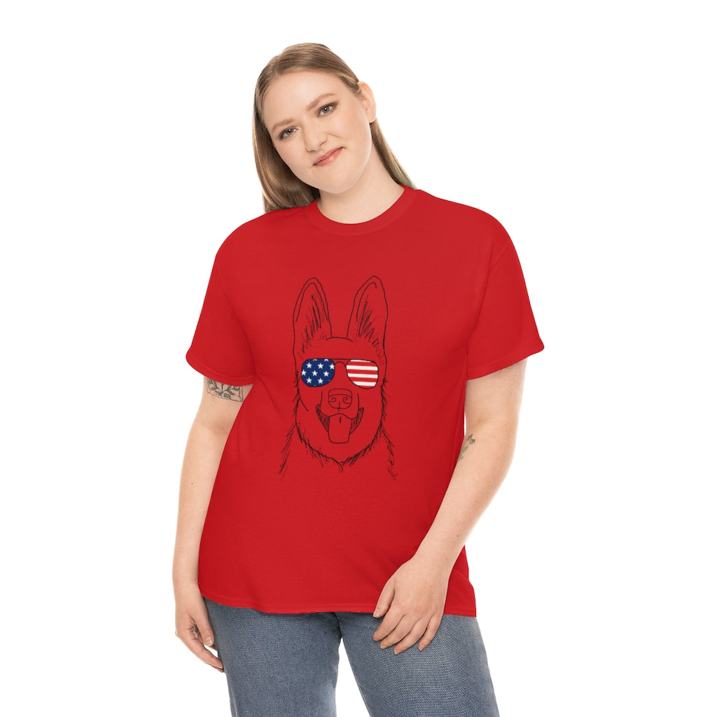 German Shepherd with American Flag Sunglasses Cotton T-shirt