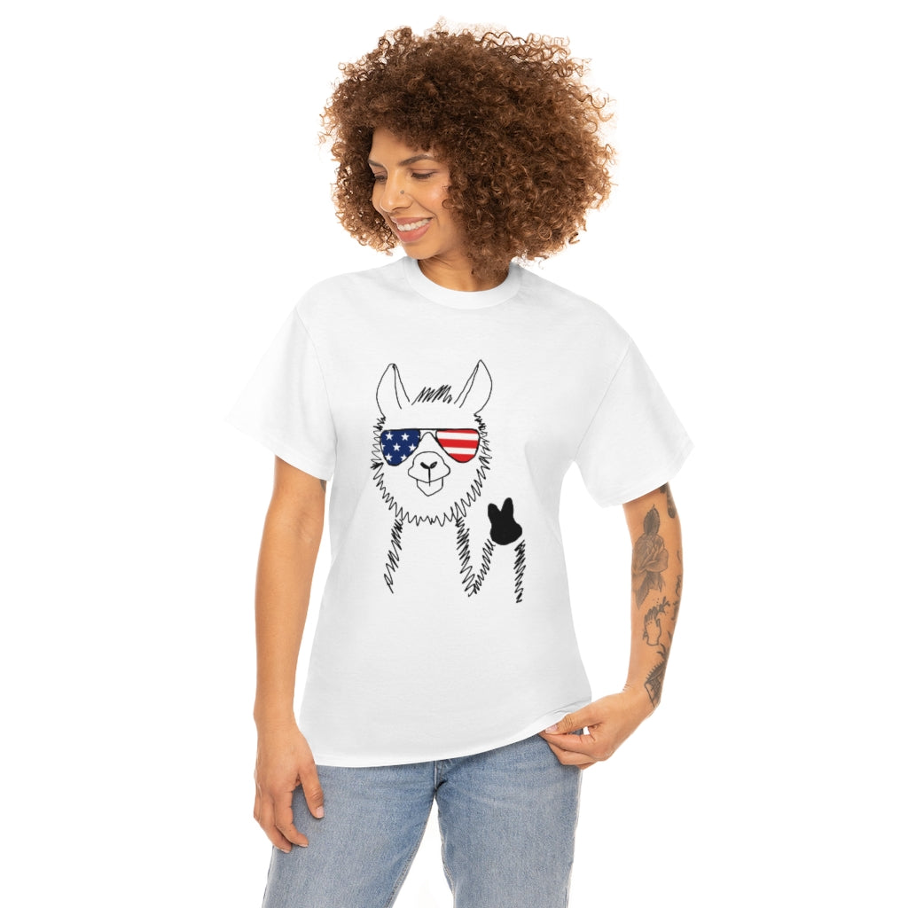 Llama with American Flag Sunglasses Cotton T-shirt