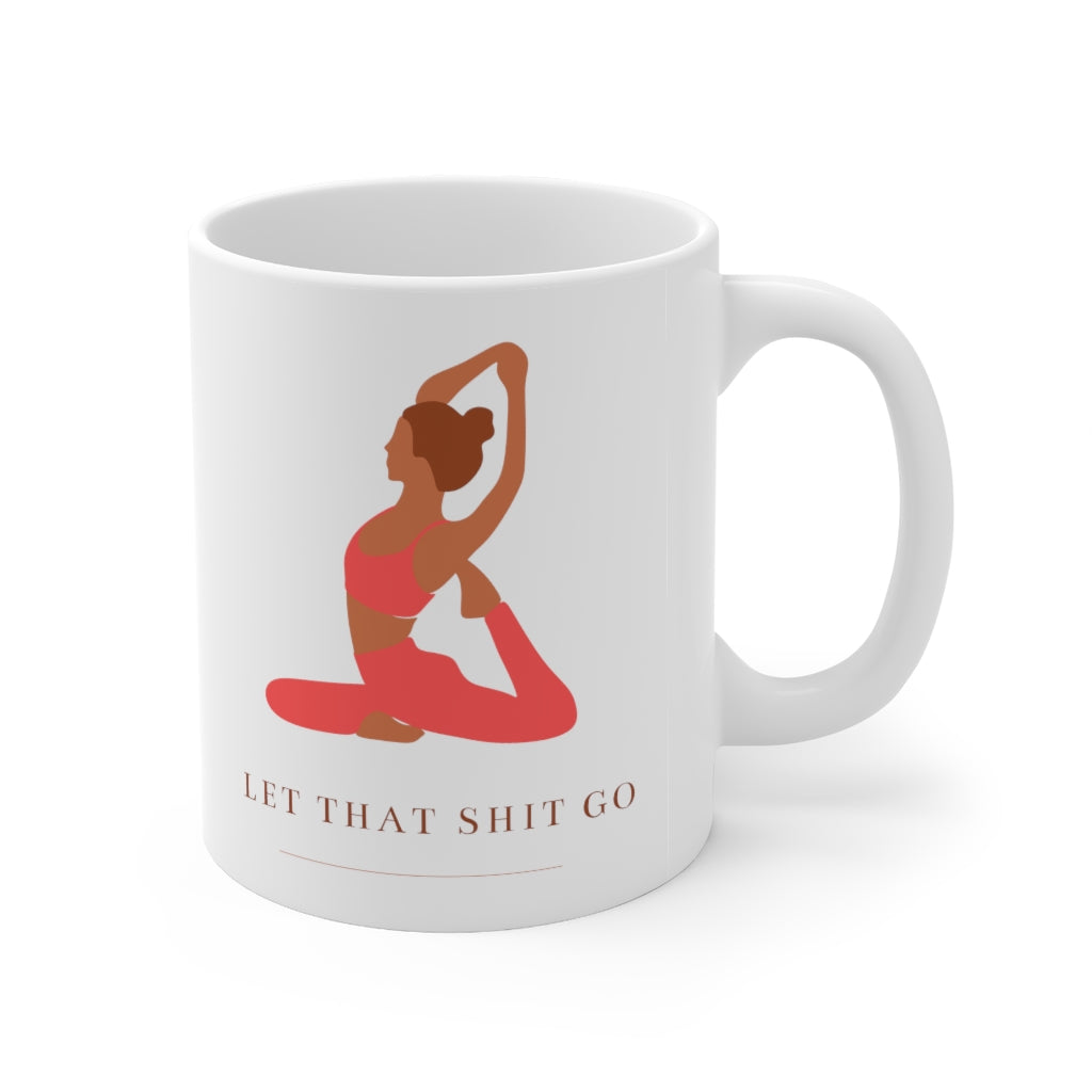 Take a deep breath in and out. This yoga inspired ceramic mug is designed with the phrase “Let That Shit Go”. Manifest all good things coming to you in the future with this stylish mug. Use it to sip tea with your favorite pair of leggings and feel all the good vibes. This mug is 11 oz, lead and BPA free, and microwave and dishwasher safe!