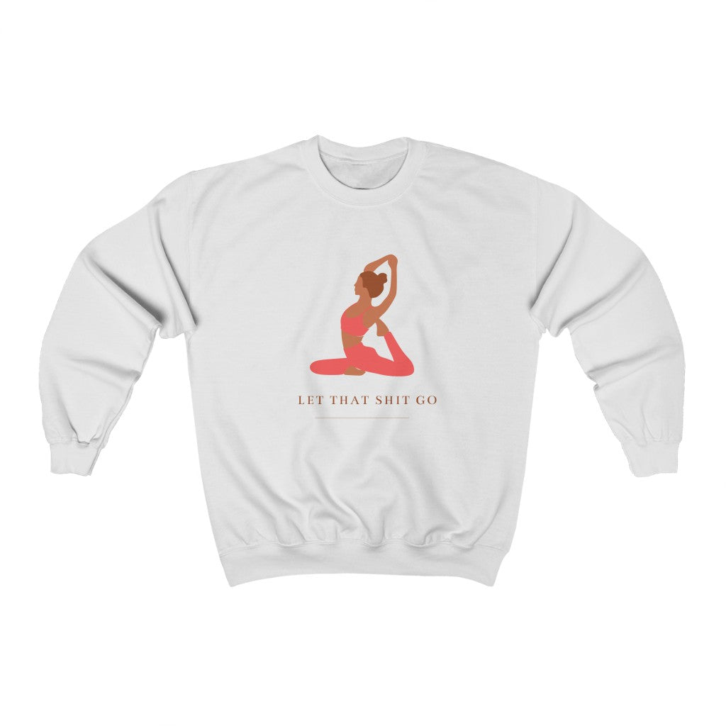 Take a deep breath in and out. This yoga inspired crewneck sweatshirt is designed with the phrase “Let That Shit Go”. Manifest all good things coming to you in the future with this stylish piece. Wear it with your favorite pair of leggings and feel all the good vibes. Made with a plush cotton, it is like wearing a blanket.