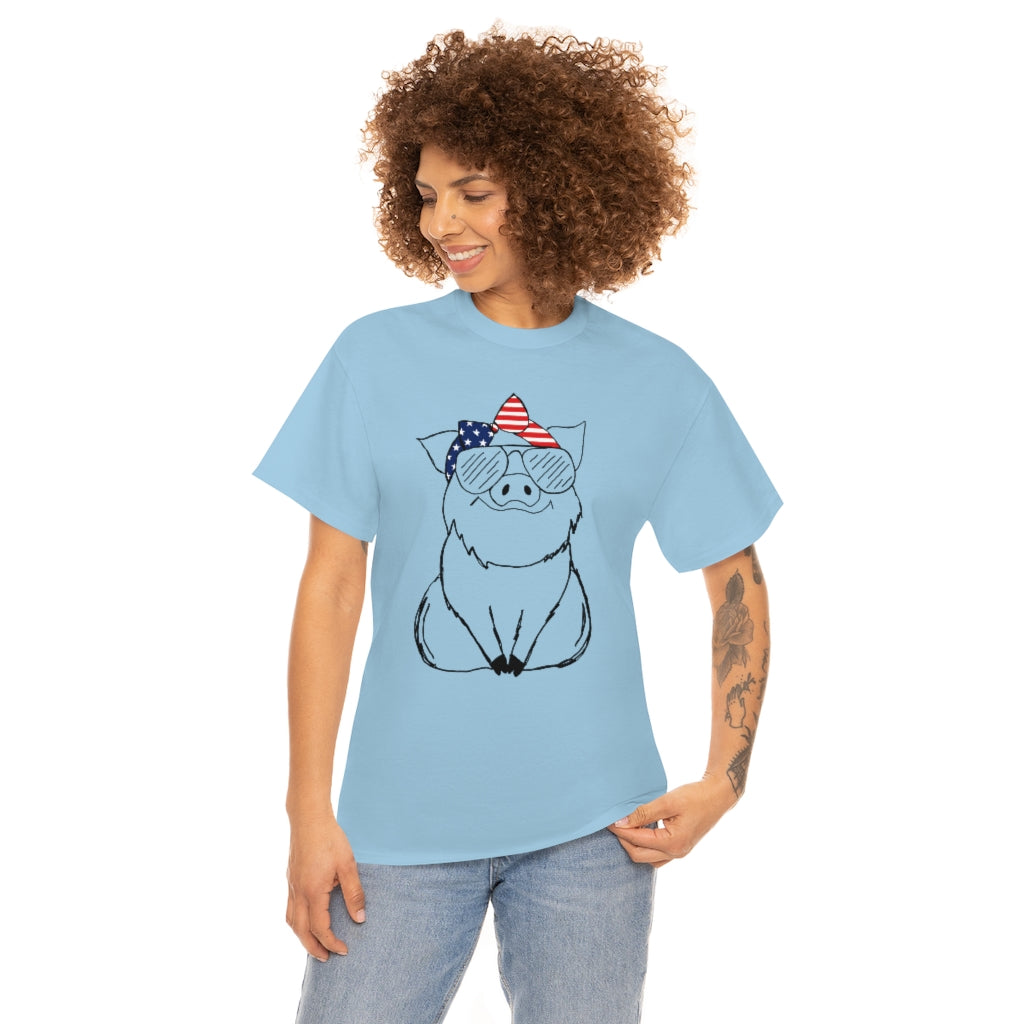 Pig with American Flag Headband Cotton T-shirt