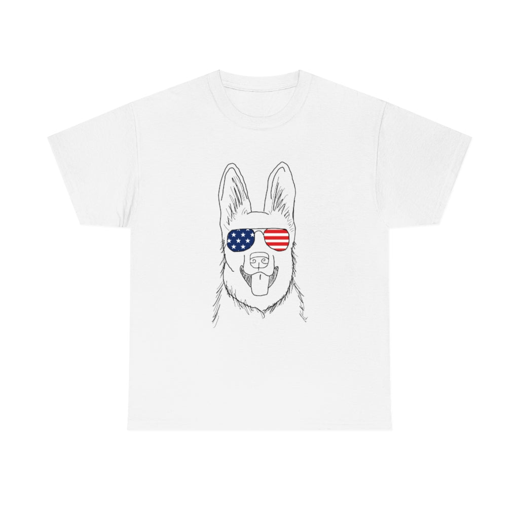 German Shepherd with American Flag Sunglasses Cotton T-shirt