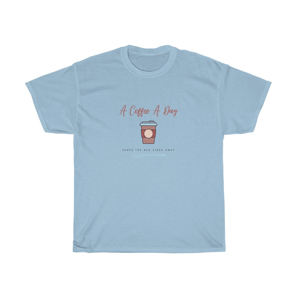 Keep the bad vibes away with a coffee (or two) a day. This funny coffee cotton t-shirt shows off your love for caffeine and made with a soft cotton material, you can stay comfy all day long. Designed for the girl who loves coffee and has great style.