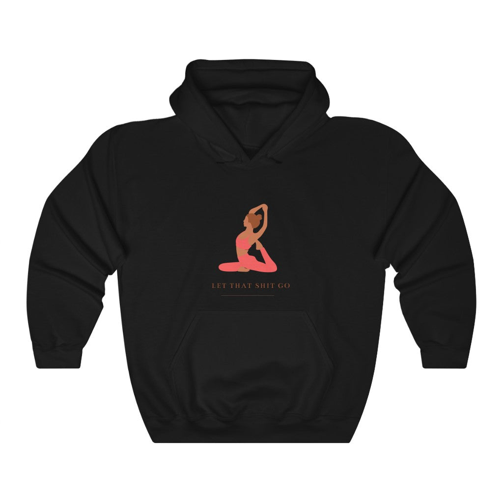 Take a deep breath in and out. This yoga inspired hoodie sweatshirt is designed with the phrase “Let That Shit Go”. Manifest all good things coming to you in the future with this stylish piece. Wear it with your favorite pair of leggings and feel all the good vibes. Made with a plush cotton, it is like wearing a blanket.