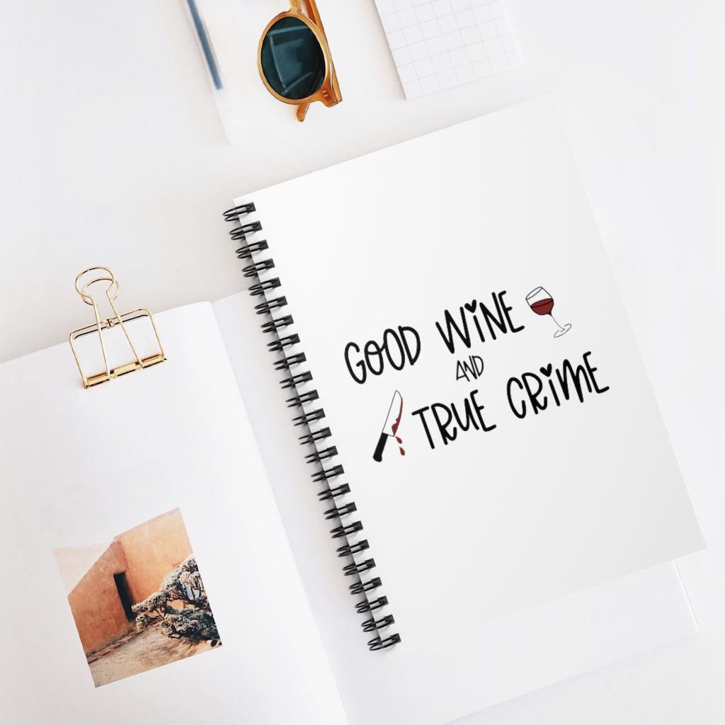 Good Wine and True Crime! This notebook is perfect for a night of sipping wine and watching that true crime documentary, and taking notes. This journal is the perfect gift for the true crime junkie in your life! This journal has 118 ruled line single pages for you to fill up!