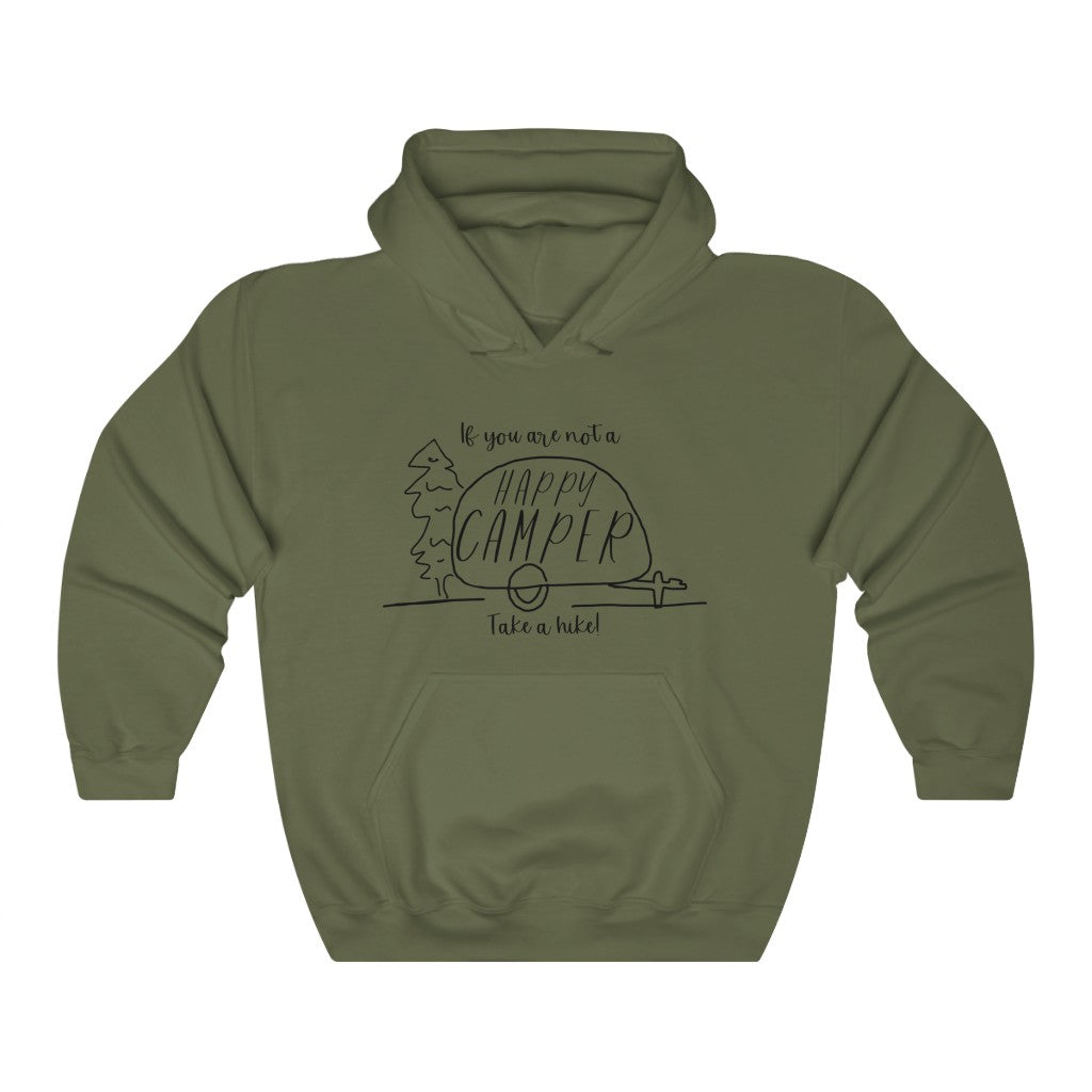 If you are not a HAPPY CAMPER, take a hike! This cozy hoodie sweatshirt is perfect for your camping and hiking adventures. Stay warm out on the trail while showing off your sense of humor with this funny hoodie. Also makes a great gift for that outdoorsy friend in your life.