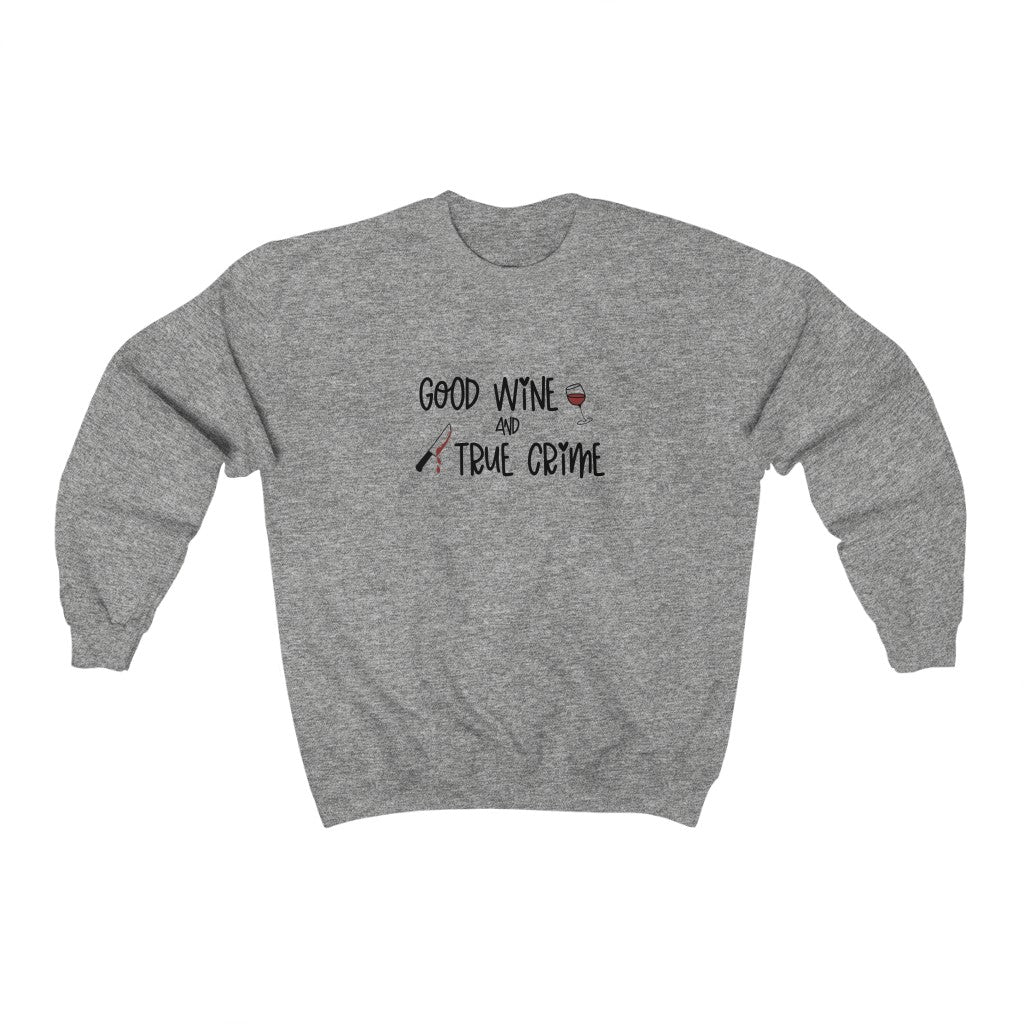 Good Wine and True Crime! This cozy crewneck sweatshirt is perfect for a night of cuddling, sipping wine, and watching that true crime documentary. This crew is the perfect gift for the true crime junkie in your life!