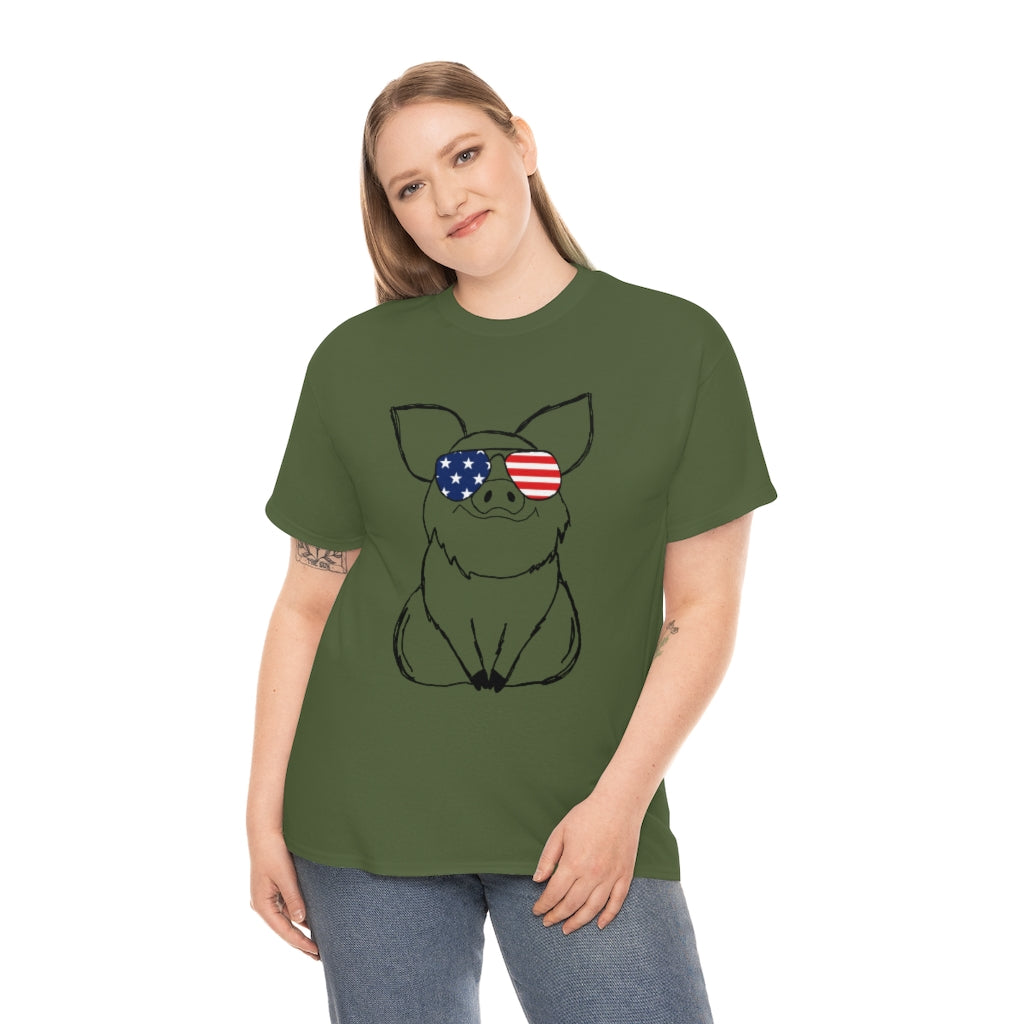 Pig with American Flag Sunglasses Cotton T-shirt