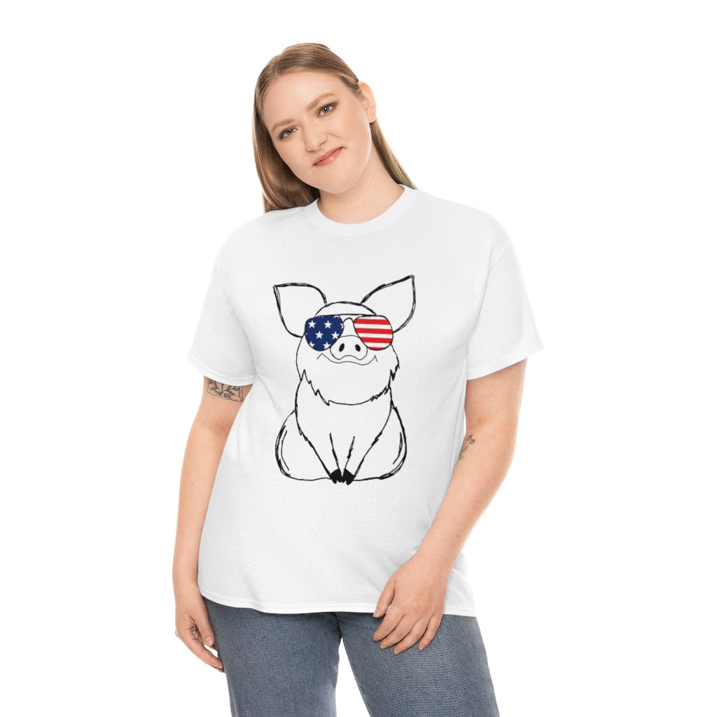 Pig with American Flag Sunglasses Cotton T-shirt