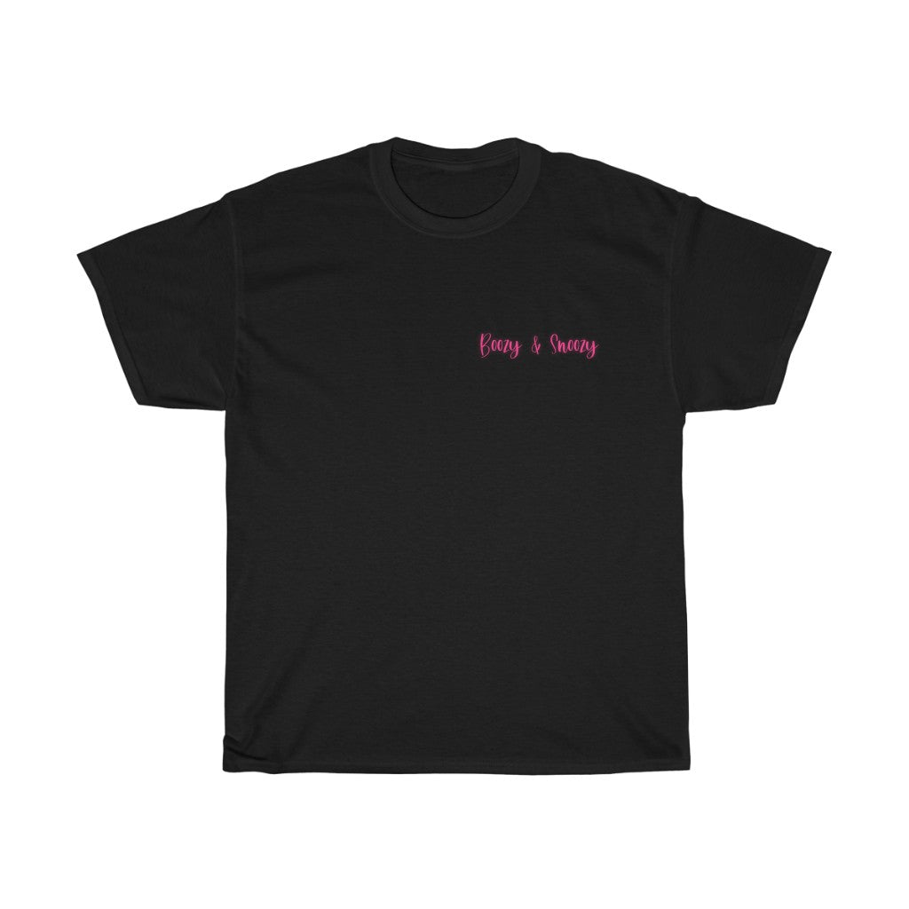 Boozy and Snoozy! Sleepy but still need a drink? This cotton t-shirt is perfect for brunch with the girls or a great gift for your boozy friends. After a long night out partying you can throw on this festive t-shirt to make your way through the day.
