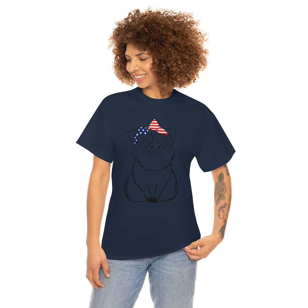 Pig with American Flag Headband Cotton T-shirt