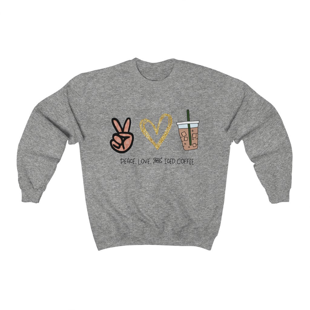 Peace, Love, and Iced Coffee... the only things that matter! This crewneck sweatshirt is perfect for those brisk morning walks to get coffee, or just for cozying up at home with your favorite iced coffee in hand. This sweatshirt makes the perfect gift for that iced coffee drinker in your life!
