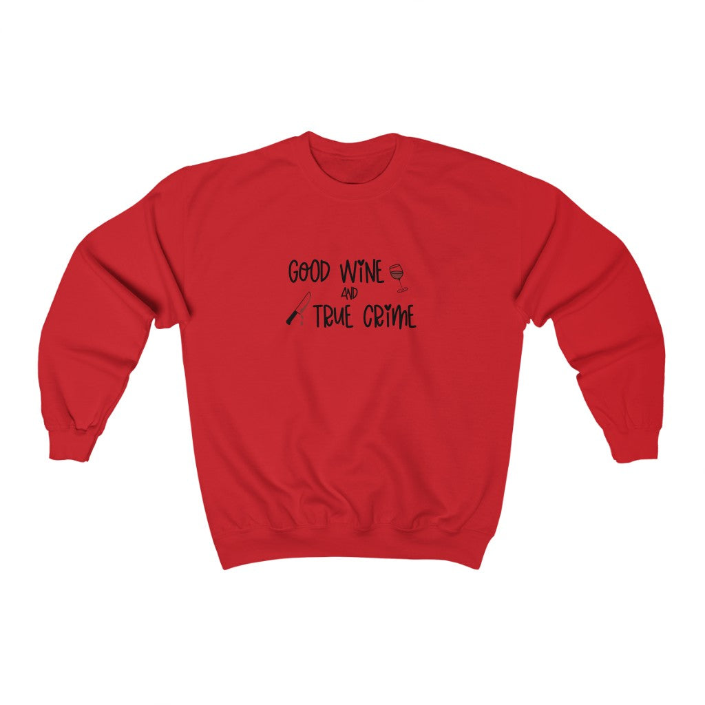 Good Wine and True Crime! This cozy crewneck sweatshirt is perfect for a night of cuddling, sipping wine, and watching that true crime documentary. This crew is the perfect gift for the true crime junkie in your life!