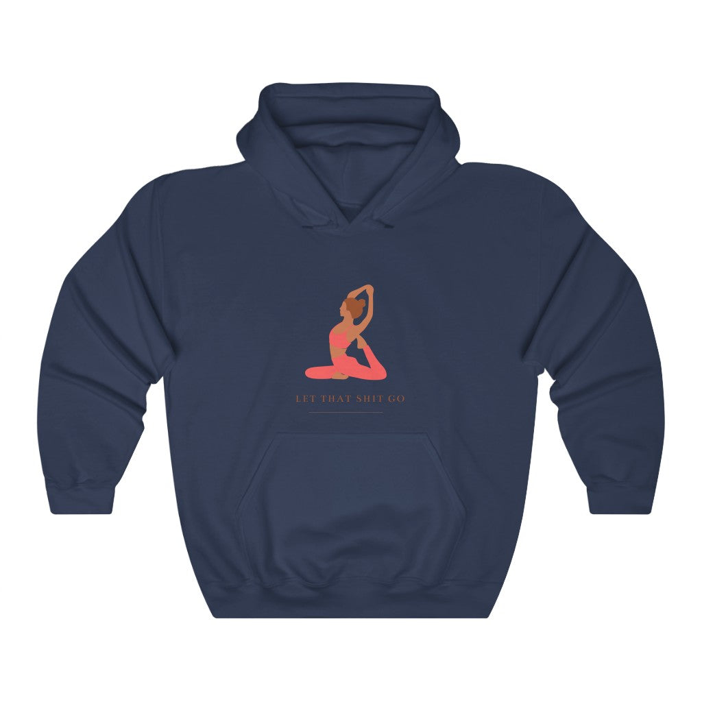 Take a deep breath in and out. This yoga inspired hoodie sweatshirt is designed with the phrase “Let That Shit Go”. Manifest all good things coming to you in the future with this stylish piece. Wear it with your favorite pair of leggings and feel all the good vibes. Made with a plush cotton, it is like wearing a blanket.