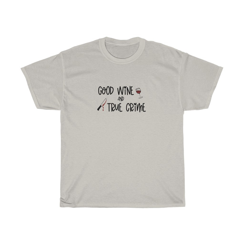 Good Wine and True Crime! This cotton t-shirt is perfect for a night of cuddling, sipping wine, and watching that true crime documentary. This t-shirt is the perfect gift for the true crime junkie in your life!