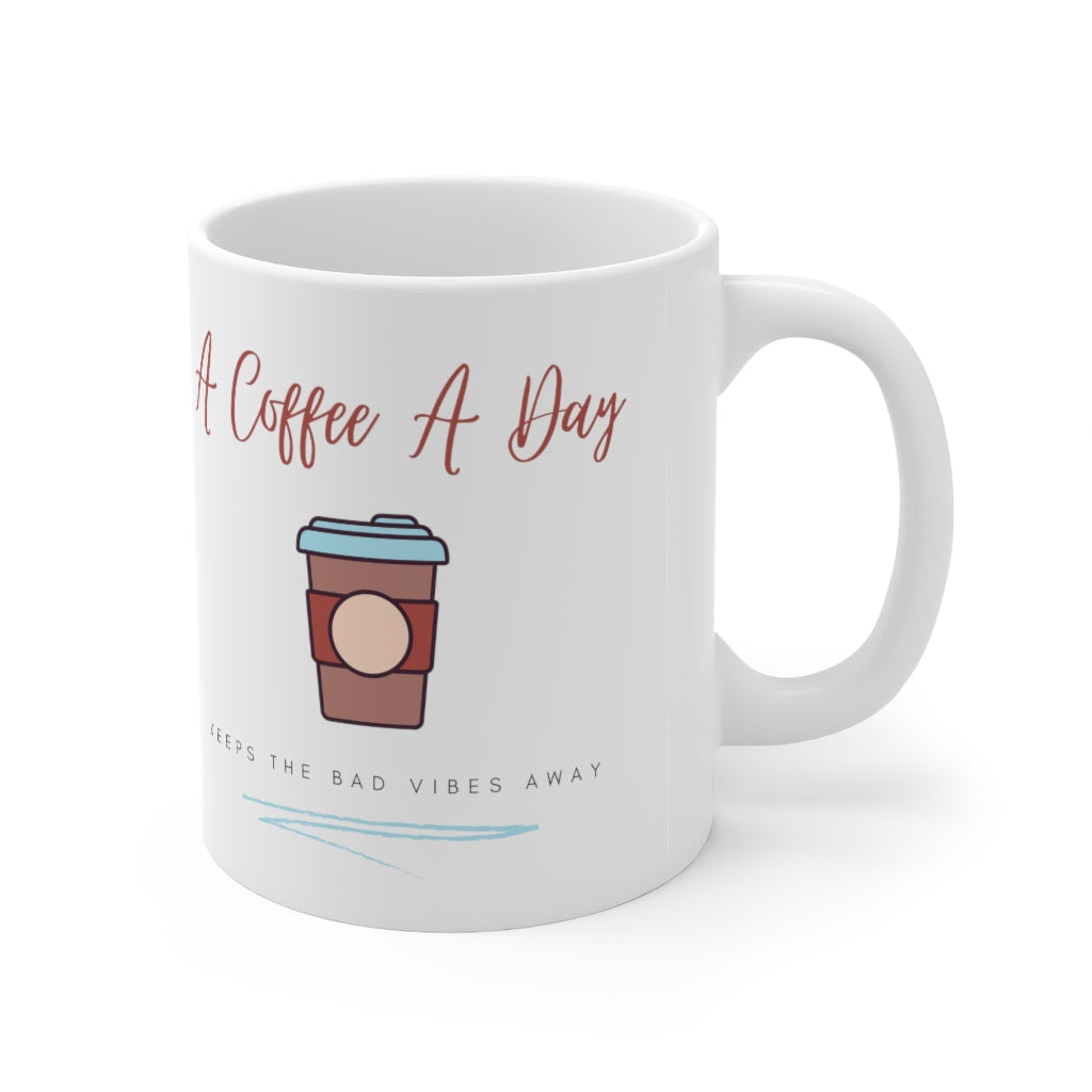 Keep the bad vibes away with a coffee (or two) a day. This funny ceramic mug shows off your love for caffeine. Designed for the girl who loves coffee and has great style. This mug is 11 oz, lead and BPA free, and microwave and dishwasher safe!