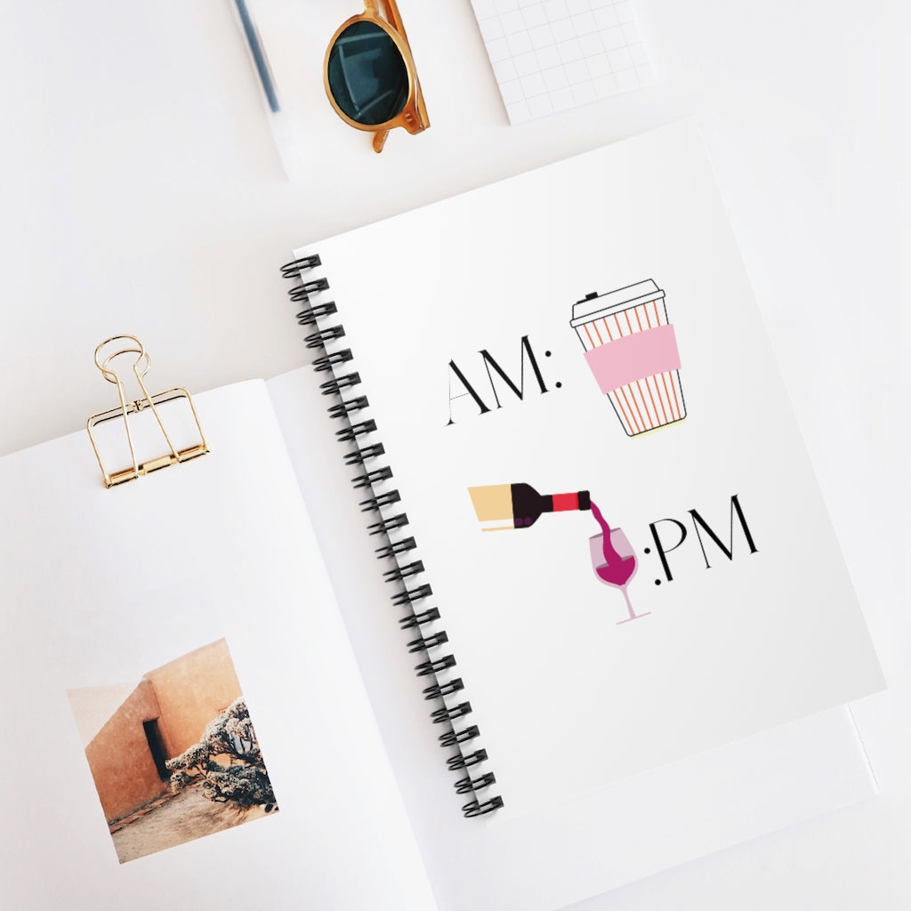 This cute notebook shows off your schedule... coffee in the morning and wine at night, there is no other way. With bright pinks and reds, this journal stands out. This journal has 118 ruled line single pages for you to fill up!