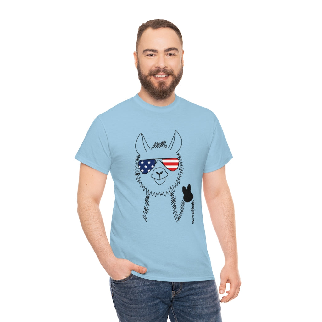 Llama with American Flag Sunglasses Cotton T-shirt
